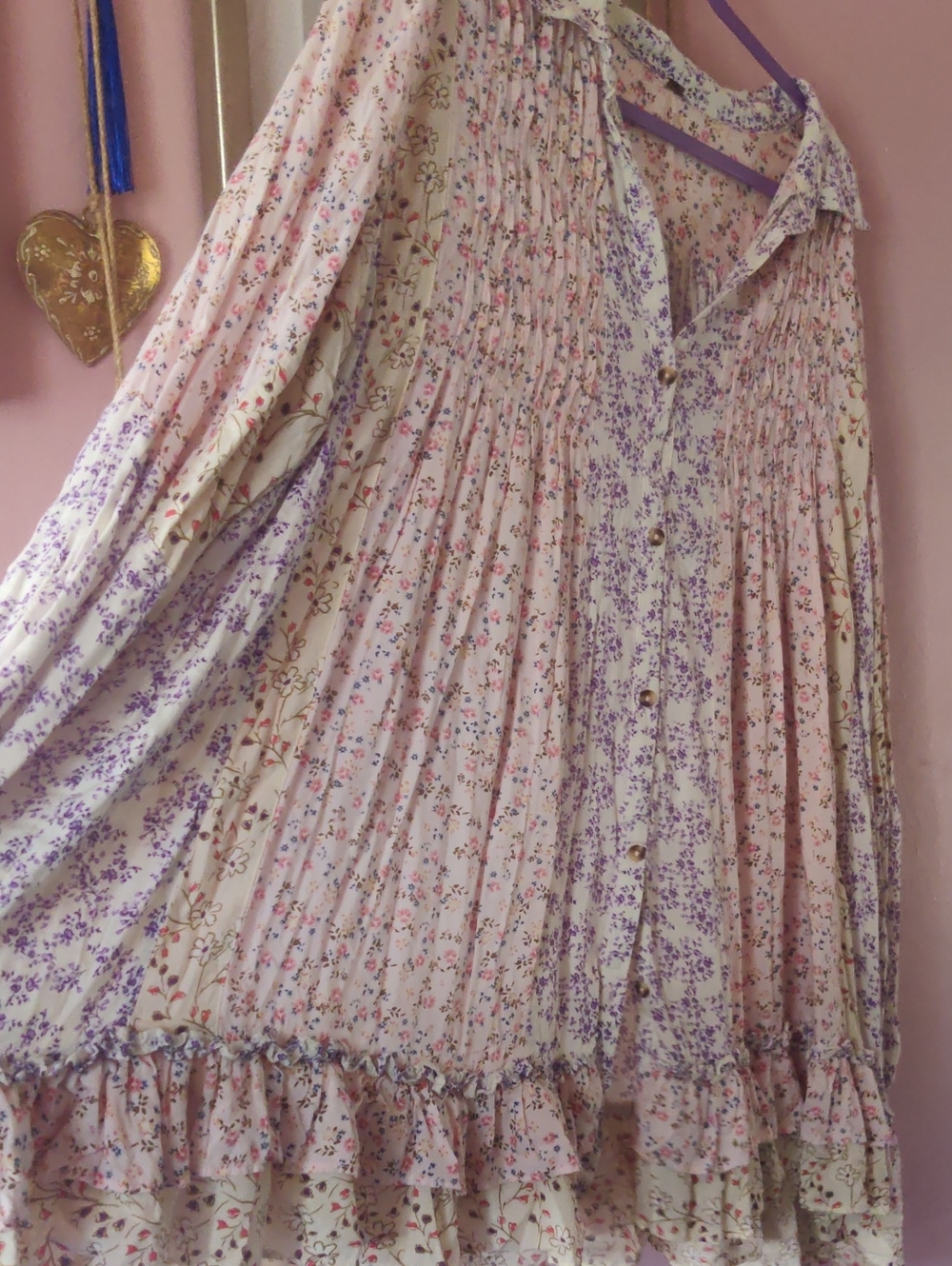 Free People Pink and Lavender Floral Pleated Babydoll Dress